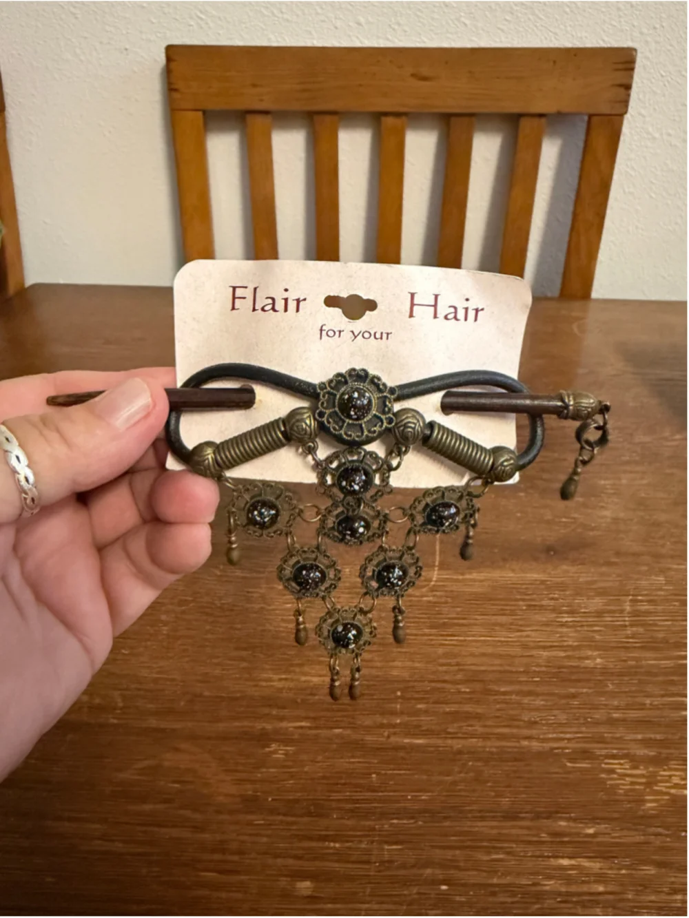 Vintage Flair For Your Hair Black Speckled Cabochon Hair Stick Antique Brass Ton
